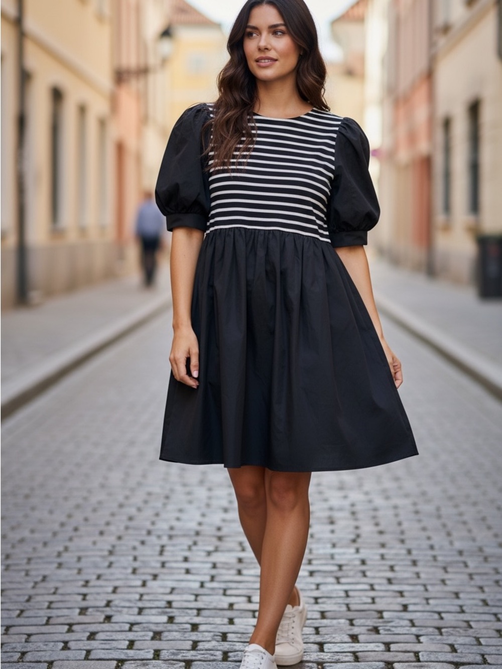 English Factory Navy Combo Striped Puff-Sleeve Dress Size 1X Cotton NWT